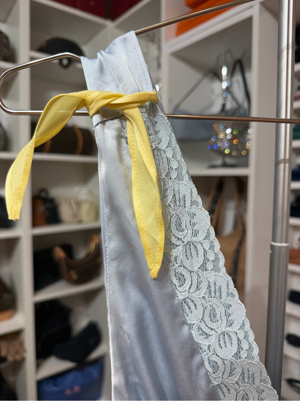 HELSA Satin Light Blue Maxi Dress with Yellow Shoulder Ties M - Picture 3 of 6